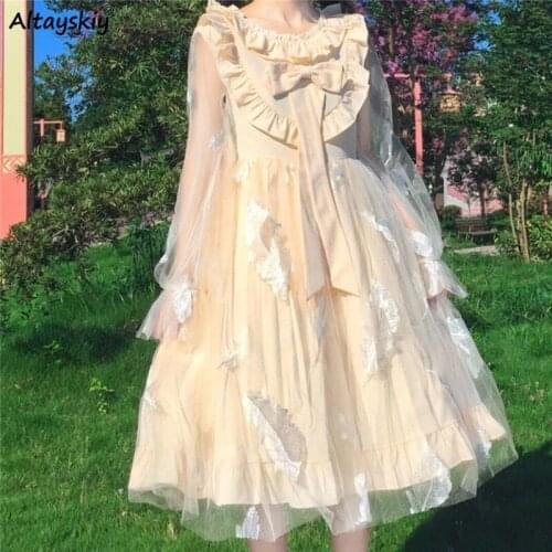 Dresses Women Feather Print Mesh Ruffle Lantern Sleeve Bow Lolita Japanese Style Kawaii Beige Female Spring Ball Gown Harajuku