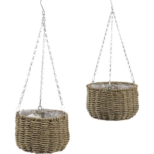 Handmade Grass Woven Hanging Planter Basket Plant Flower Pot with Metal Chain 896B