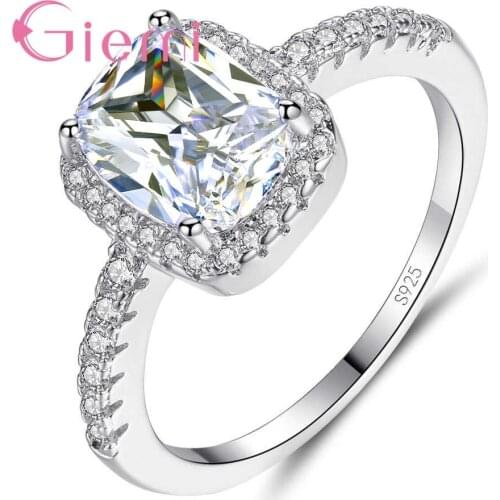 Genuine Silver Women Jewelry Sparkling Click Water Cube Bright Rhinestones Lady Semicolon Rings Wedding Bridal Jewelry