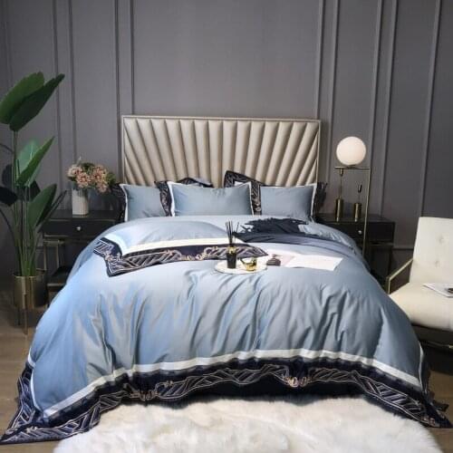 1000TC Egyptian Cotton Bedlinen Blue Embroidery Duvet Cover Pillowcase Flat Sheet Queen King Size 4pcs