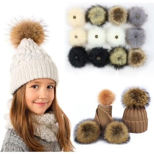 2pcs Fluffy Faux Fur 12cm Pom Pom Ball with Press Button for Baby Girl Pompoms Beanie Hat Accessories Press Stud Ball