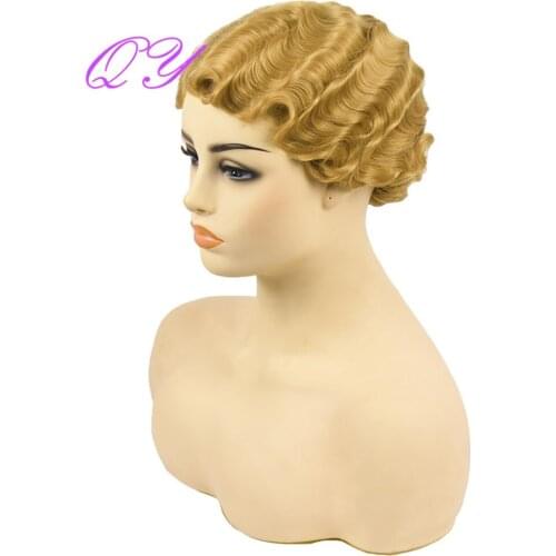 QY Hair Short Curly Wigs for African American Finger Wave Synthetic Golden Hair Wig Cosplay