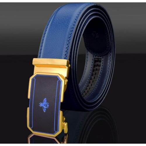 Belt for men Cow Leather Automatic Buckle Men Belt 3.5CM Width Blue Male Waist Belt Fashionable Plus Size 90-130CM Trouser Belt
