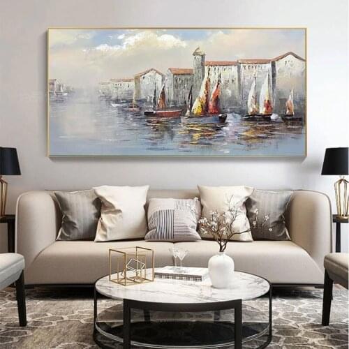 Hand Painted Abstract Oil Painting Wall Art Sailboat Seascape Modern On Canvas Decorative For Living Room No Frame
