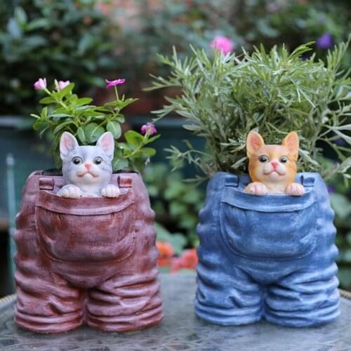 Garden Pastoral Resin Kitten Pants Succulent Flower Pot Ornaments Outdoor Animal Cat Vase Figurines Decoration Courtyard Crafts
