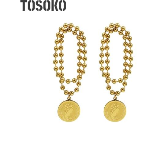 TOSOKO Stainless Steel Jewelry Retro Coin Portrait Earrings Womens Double Pearl Chain Tassel Earrings BSF451