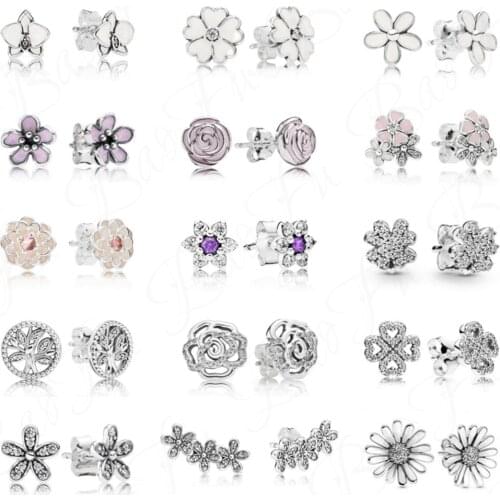Genuine 925 Sterling Silver Stud Earrings Flower Series Rose Clover Shiny Daisy Stud Earrings Original Female Accessories