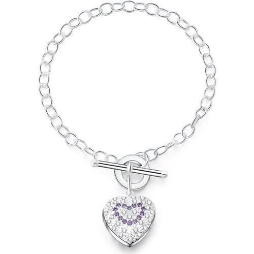925 Sterling Silver Purple AAA Zircon Heart Bracelet For Women Wedding Engagement Party Fashion Jewelry