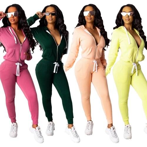 Women Solid Color Two-piece Sports Suit Autumn Yoga Running Sets Zipper Front Hooded Coat Tops Drawstring Pants Workout Sets