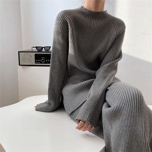 HziriP Winter Knitted Loose Two Pieces Sets Chic Split Warm Elegant Pullovers Sweaters 2021 Wide Leg Straight Streetwear Pants