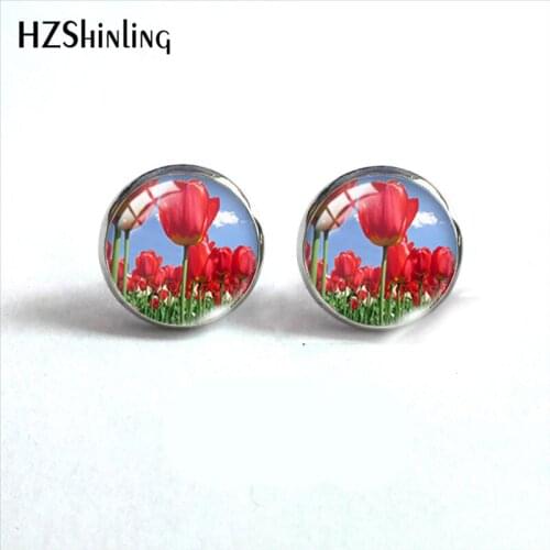 2021 New Flower Tulip Stud Earring Art Paintings Round Earrings Handmade Glass Cabochon Photo Printed Jewelry Gifts