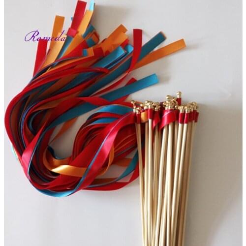 50pcs/lot orange red blue 3 pcs stain ribbon wedding wands stick Streamers With gold Bells for wedding