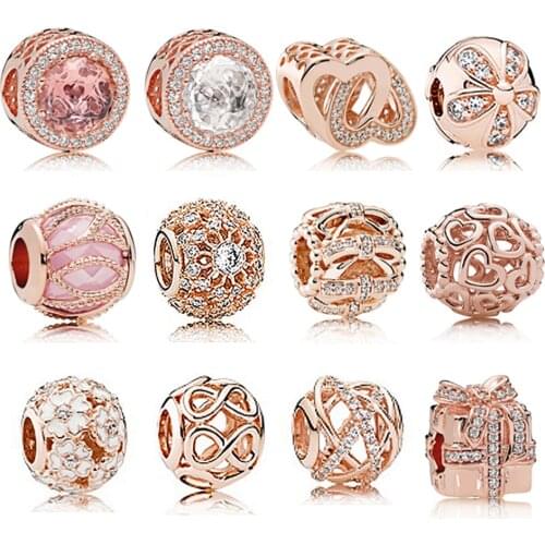 Fashion S925 Rose Gold Sterling Silver Particles Charm Hug with Cubic Zirconia Fit and Series Jewelry DIY Free Mail Bracelet