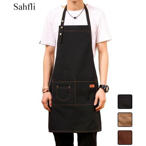 Canvas Barista Mens and Womens Kitchen Overalls Simple Solid Color Multi-pocket Anti-fouling Sleeveless Apron Household Tools