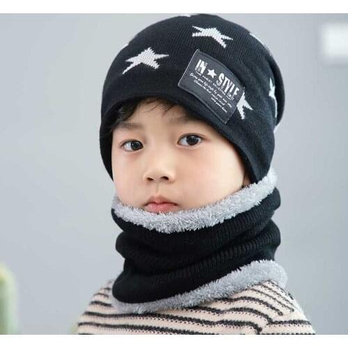 Child Winter Knit Hat Scarf Set Boy Girls Warm Plush Beanies Hat 2 Piece Sets Kid Geometry Print Fashion Outdoor Ski Cap Scarves