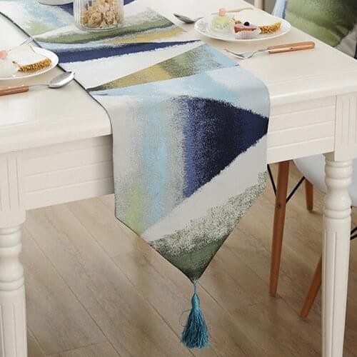 DUNXDECO Table Runner Cotton Blend Cover Fabric Blue Art Geometric Jacquard Tablecloth Home Decoration