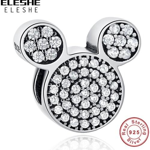 ELESHE New Fashion 925 Sterling Silver Cartoon Minnie Clear CZ Beads Fit Original Charm Bracelet Necklace DIY Jewelry Making