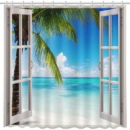 Summer Beach Shower Curtain Tropical Island Palm Trees Ocean White Wooden Windows Waterproof Polyester Balcony Seascape Shower C
