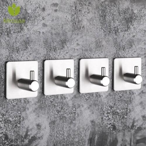 Hot High-end Sticker Adhesive Stainless Steel Hooks Wall Door Clothes Coats Hats Hanger Kitchen Bathrooms Rustproof Towel Hooks