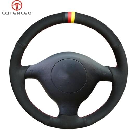 LQTENLEO Black Suede Car Steering Wheel Cover for Volkswagen VW Bora 1998-2005 Seat Leon MK1 1998-2005 Skoda Fabia 1 2004-2005