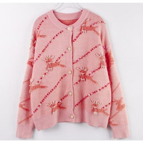 Women Knitted Jacket Coat 2021 Fashion Cute Pink Cardigan Sweater Round Neck Fawn Beaded Loose Cardigan Kawaii Chrismtas Clothes