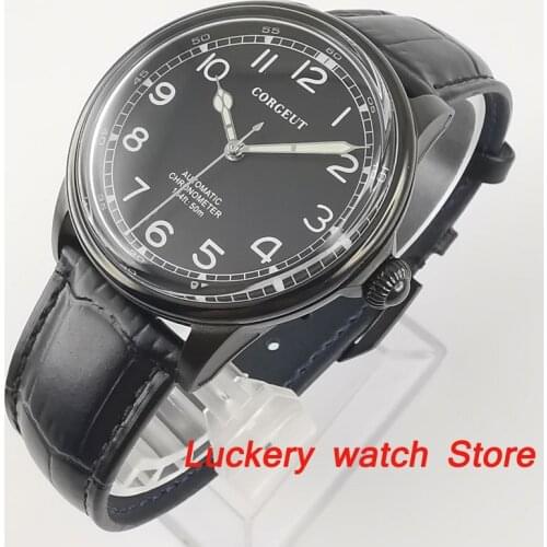 Corgeut 41mm Men Watch black dial 316L stainless steel case leather strap miyota Automatic Movement Mechanical Wrist Watches