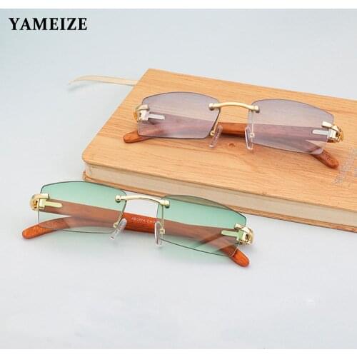 YAMEIZE Fashion Wood Legs Rimless Sunglasses Women Men Brand Design Vintage Sun Glasses Gradient Frameless Eyeglasses Gafas UV