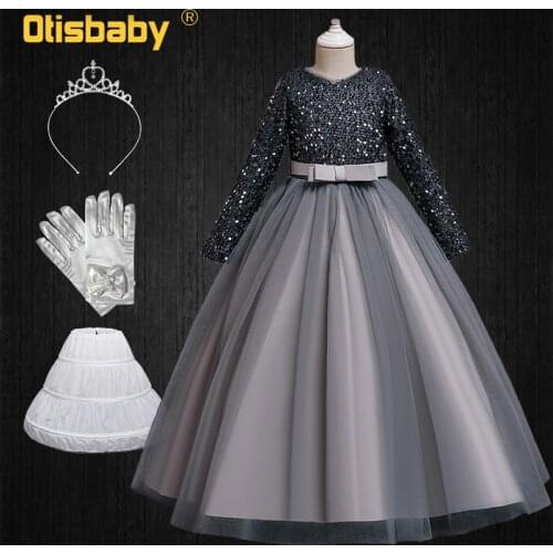 NEW 2-13 Years Children Long Sleeve Girls Princess Sequin Long Dresses Teens Wedding Birthday Party Ball Gown Child Clothes ins