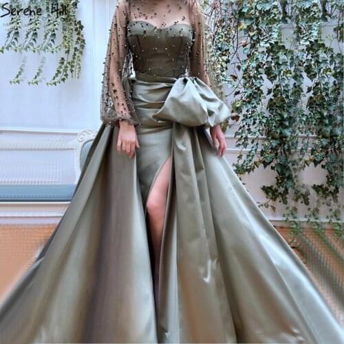 Olive Green Mermaid Pearls Sexy Evening Dresses 2020 Satin Long Lantern Sleeves Formal Dress Serene Hill LA70548