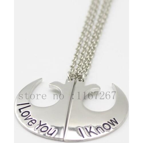 2015 new style Star Wars Rebel Insignia Love couples Necklace (2 pcs 1 set)"I love you " I know" siver pendant necklace