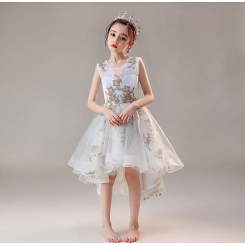 Flower Girls Dresses Beading Princess Lace Sequined Ball Gown Tiered Knee-Length Tulle Pleat Embroidery Kids Party Dress D179
