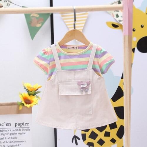 2021 Casual Fashion Middle Small Childrens Fake 2pce Striped Strap Dress For Girls Short-sleeve Dress Baby Girl Princess Dress