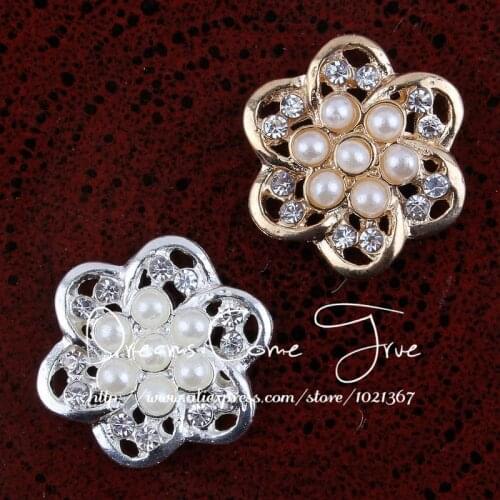 50pcs/lot 20MM 2Colors Newborn Artifical Flatback Alloy Button For Hair Shinning Rhinestone Pearl Button For Wedding Invitation