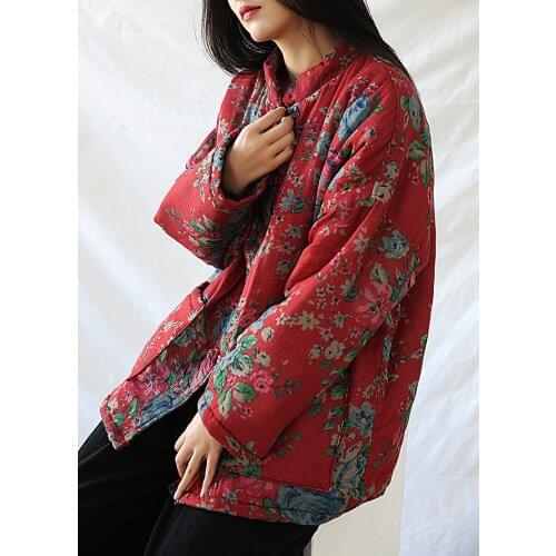 Women Winter Printed Cotton Linen Parkas Padded Coat Outerwear Ladies Vintage Padded Topcoat 2020 Print Coat