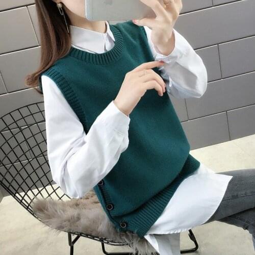 Women Autumn Loose All-match Fashion 2 Piece Sets Korean Style Solid Turn-down Collar Shirt and O-Neck Knitted Sweater Vest Q844