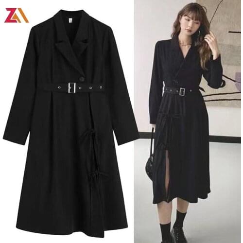 ZALady Korean chic fashion black midi dresses for women autumn spring long sleeve black dress with side slit bow clothes female