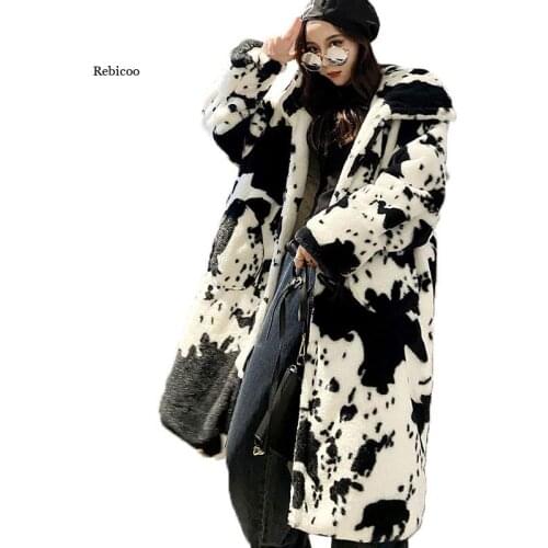 Winter Parka Jacket Faux Fur Women Thickened Cow Pattern Hooded Fur Coat Lengthened Oversize Overcoat Veste Fourrure Homme