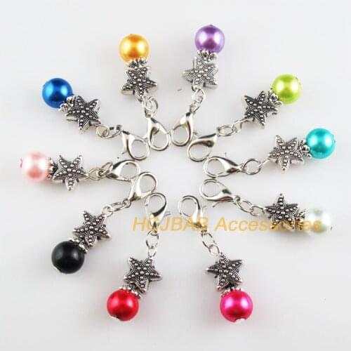 10 New Starfish 11x22mm Charms Mixed Ball Glass Tibetan Silver Tone Retro With Lobster Claw Clasps