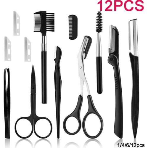 12pcs Black Eyebrow Trimmer Set Eyebrow Razor Scissor Pen Knife with Tweezers Eyebrow Trimmer Scissors with Comb Makeup Tools