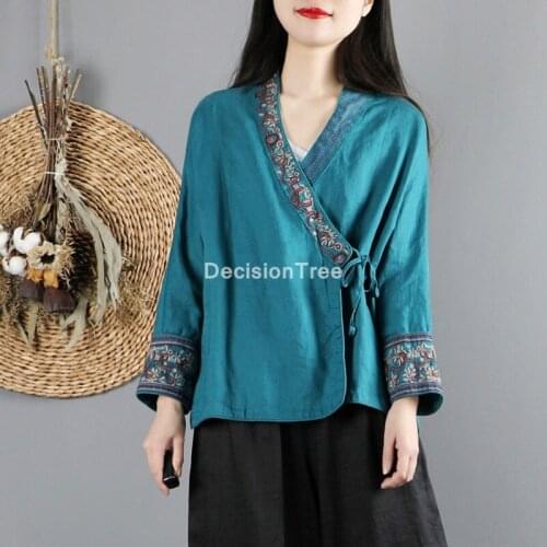 2021 traditional chinese womens blouse folk style cotton linen vintage shirt tang suit cheongsam female lady chiffon blouse