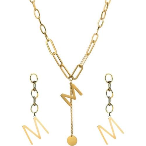 316L Stainless Steel Splicing Chain Tassels English Alphabet M Earrings Necklace Set Wedding Jewelry Set No Fade
