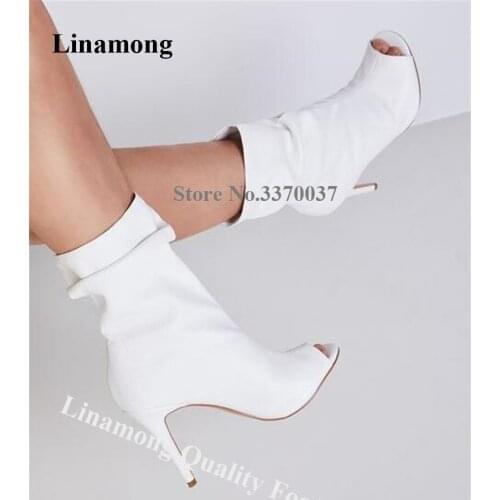 Linamong Fashion Peep Toe White Leather Stiletto Heel Short Boots Slip-on Solid Color Ankle Booties Customize Colors Dress Shoes