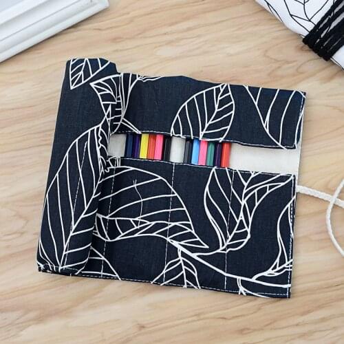 Creative Leaf Cotton Fabric Colored Pencil Case Bag Large Capacity 36 Holes Black White Drawing Pen Brush Roller Pouch