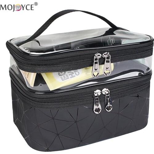 Double Layer Travel Portable Toiletries Bags Waterproof Leather Large Cosmetic Case Women Brushes Shampoo Storage