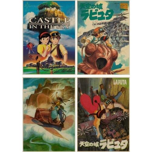 Hayao Miyazaki Retro Castle In The Sky Japanese Anime Cartoon Kids Room Decoration Posters Canvas Painting