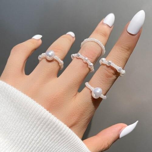 Sweet Pearl Beads Rings for Women Girls Elastic Adjustable Handmade Fashion Rings Set Wedding Jewelry Gifts