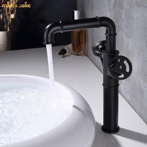 Brass hot and cold double handle deck basin sink tap black faucet Industrial style bathroom sink black sink tap Sink faucet