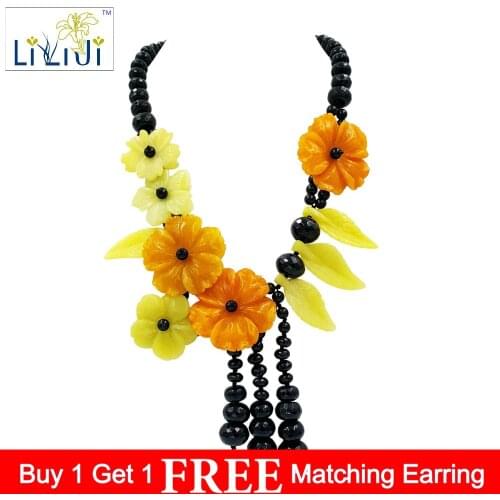LiiJi Unique Natural Stone Black Agates Onyx,Korea Jades,Dye Orange color Jades Flowers Handmade Necklace