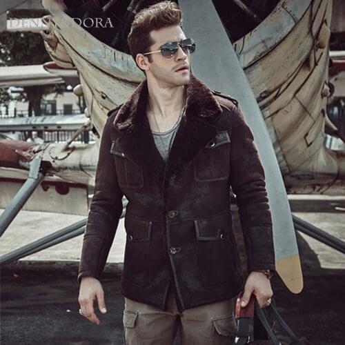 Men Brown Sheepskin Shearling Jacket Exposed Shearling Notched Collar Mens Motorcycle jacket Warm Coat