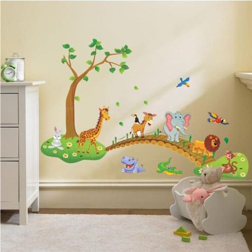Lovely Animals Crossing The Bridge Wall Stickers For kindergarten Kids Room Home Decoration Diy tree Mural Art wall Decals
